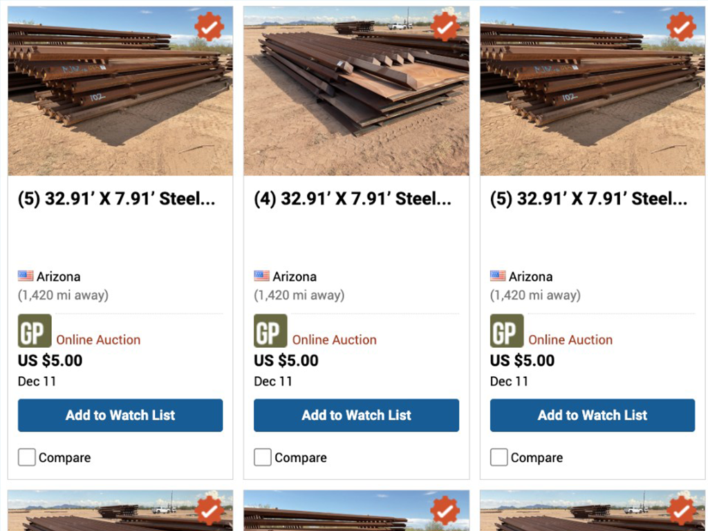 border wall panels auction